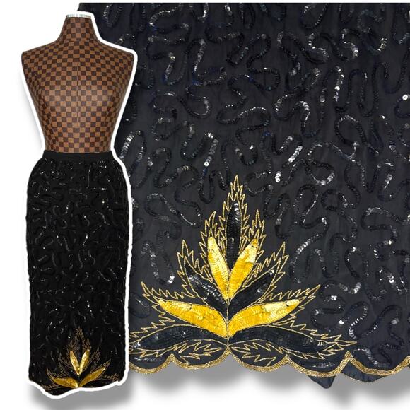 Vintage 80s Black Sequin Gold Leaf Beaded Midi Skirt Glam Cocktail Evening Small - Picture 1 of 11